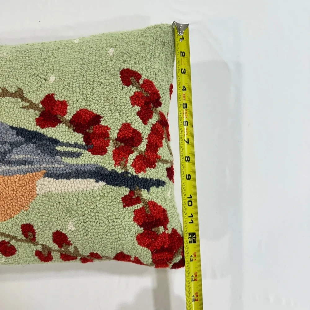Grandin Road Hooked Wool Pillow Bluebird Winter Hat‎ Green 18x14 Christmas Decor